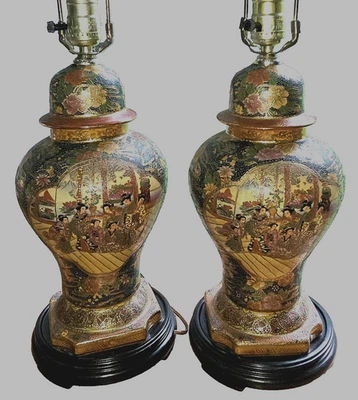 Antigo Vintage Japonês Satsuma Dbl Lado Moriage Dourado Conjunto de Abajur de Mesa 2 - Imagem 1 de 4