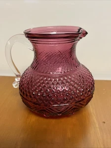 Pilgrim Glass Cranberry Pitcher Creamer Clear Applied Handle  Art Glass - Picture 1 of 9