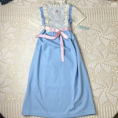 Maxi Vestido Vintage Años 70 Jordan Marsh Niñas 6 Años Azul Poliéster Encaje Yugo Foto 1 de 4