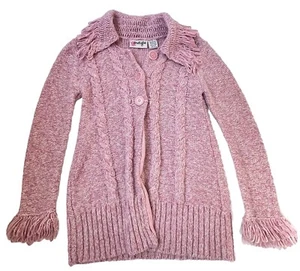 Vtg Y2K Energie Pink Fringe Sweater Open Cardigan Chunky Button Women’s M - Picture 1 of 17