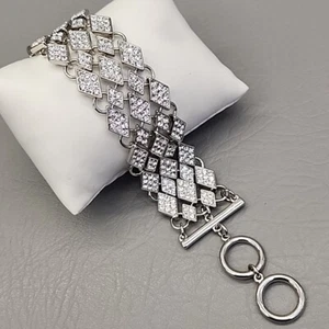 Serena Linked Bracelet Wide Clear Rhinestone Silver Tone Chain 7- 8" - Picture 1 of 19