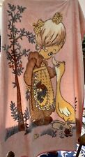 Vintage Precious Moments Girl with Goose Thick Plush Blanket Pink Brown 85x62