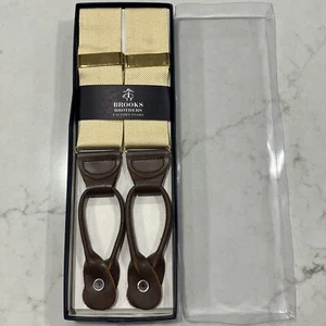 BROOKS BROTHERS Factory NEW Pale Yellow Brown Leather Suspenders Brace Gold Tone - Picture 1 of 8
