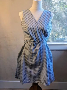 mock wrap dress surplice dvf style 100% cotton light/ dark blue pockets - Picture 1 of 7