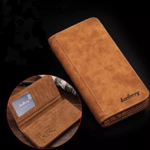 Men's Leather Long Wallet Bifold ID Card Holder Checkbook Clutch Purse Handbag - Picture 1 of 4