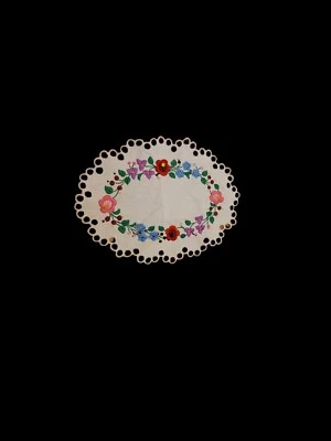 White Oval Candle Placemat Tablecloth & Embroidered Red Blue Pink Green Flowers - Image 1 of 3