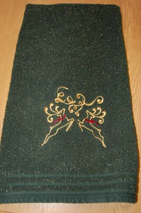 SANTENS CHRISTMAS HOLIDAY GREEN WITH REINDEER & GLITTER VINTAGE BATH TOWEL - Picture 1 of 2