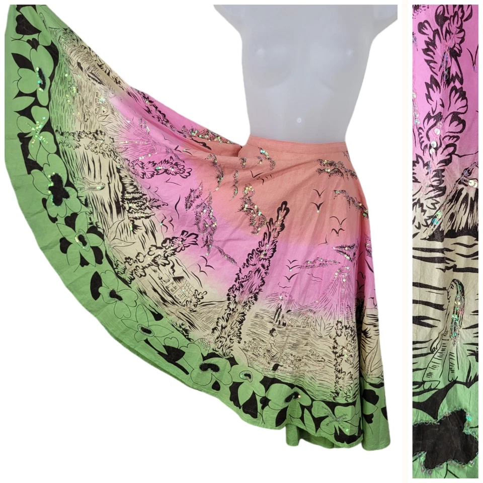 Falda Acampanada Sweet Miss Me Mediana Larga Midi Y2K Rosa Lentejuelas Tropical Hawaiana  Foto 1 de 4