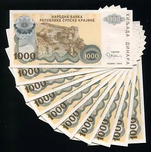 Croatia (Srpska Krajina KNIN) LOT SET 10 Banknotes 1000 Dinara 1994 P-R30 (UNC) - Picture 1 of 2