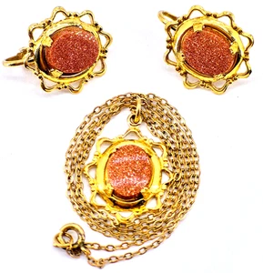 Matching  Goldstone Necklace and Earring Set, with GF 16" Chain and GP Medallion - Picture 1 of 2