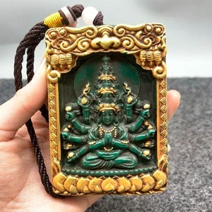 Collect Old turquoise color stone gilded carven Thousand-Handed Guanyin pendant - Picture 1 of 5