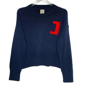 Jam Industries M J Cropped Sweater Jumper Navy Red Initial 100% Cotton - Picture 1 of 8