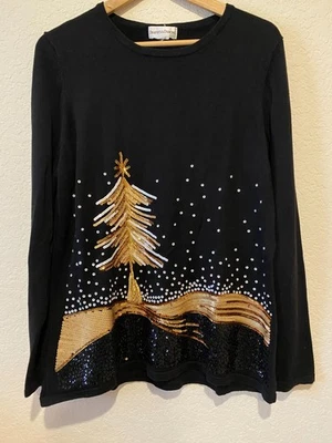 Suéter Drapers & Damons lantejoulas árvore de Natal tamanho P feriado ouro preto neve - Imagem 1 de 4