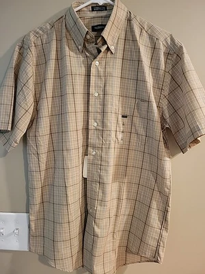 Van Heusen Men’s S 14-14 1/2 Rugby Tan Plaid Short Sleeve  Button Up Shirt NWT  - Image 1 of 4