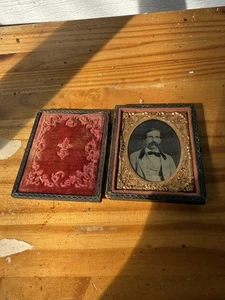 1850'S DAGUERREOTYPE Man Mustache Gold Leaf Frame Victorian Photograph Portrait - Picture 1 of 6