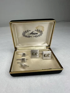 Vintage Anson Silberfarbene Manschettenknöpfe und Hemd Nieten Initiale G.C. Briefe - Bild 1 von 8