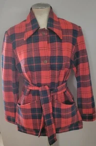 Vintage Handmade Ladies Wool Scotch Plaid Red belted Jacket M coat shacket - Imagen 1 de 12