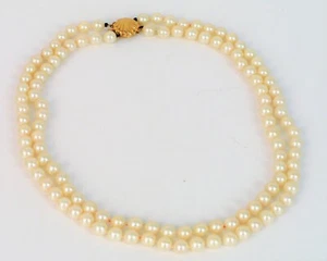 VTG BEAUTIFUL 14K YELLOW GOLD SEASHELL SCALLOPPED DOUBLE STRAND PEARL NECKLACE - Picture 1 of 2
