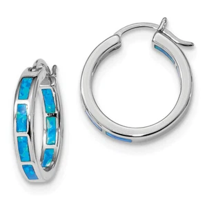 Sterling Silver Rhodium-plated Blue Created Opal In & Out Hoops QE14046 - Picture 1 of 1