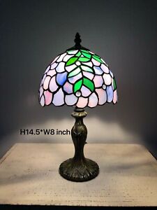 Enjoy Tiffany Style Table Lamp Purple Stained Glass Vintage Green Leave H14.5W8”