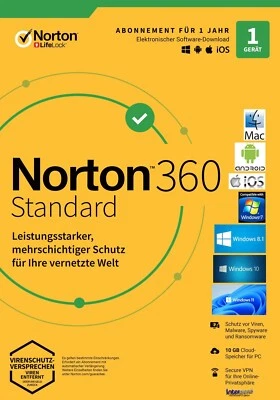 Norton 360 Standard 2025 Vollversion 1 Gerät 1 Jahr 10 GB Speicher Download NEU - Bild 1 von 4