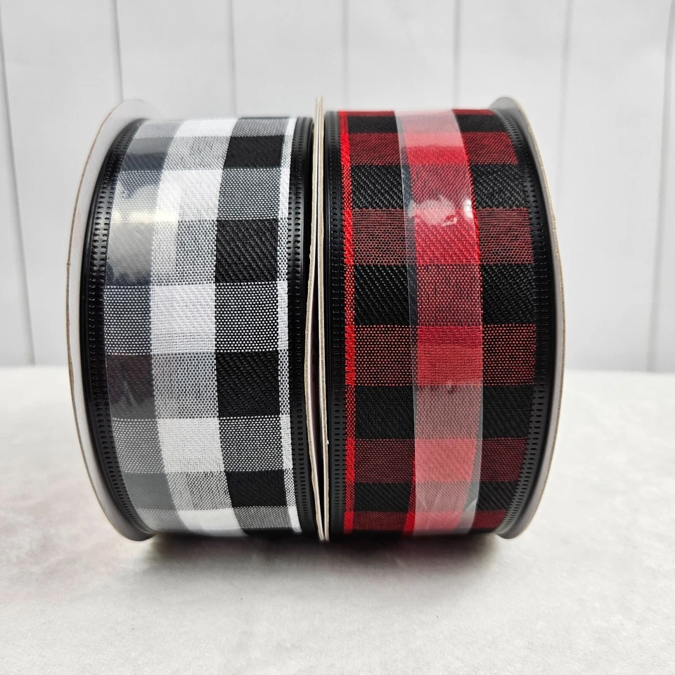 Christmas Red White Black Buffalo Check Wired Edge 2" Ribbon Lot 2 Rolls 60' New - Image 1 of 4