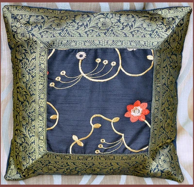 Set of two black silk floral embroidered hand made brocade border pillow cover!  - Image 1 of 3