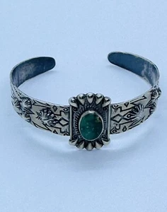 Vintage Navajo Old Pawn Fred Harvey Natural Green Turquoise Silver Cuff - Picture 1 of 11