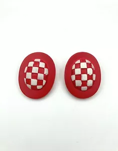 Vintage Oval Clip On Red White Checkerboard Earrings - Retro Kitsch - Picture 1 of 4