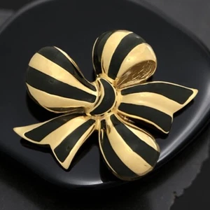 Vintage Joan Rivers Vintage Striped Black Enamel Gold Tone Bow Brooch Pin Signed - Picture 1 of 5