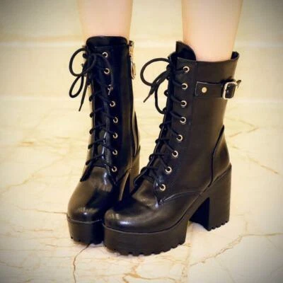 Women's Platform Military Mid Calf Ankle Boots Lace Up High Block Heels Shoes SZ - Image 1 of 4