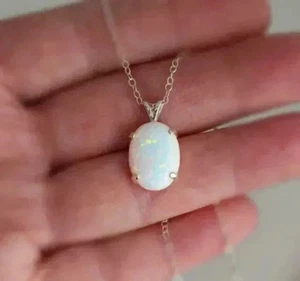 14K Weißgold plattiert Solitär 1Ct Laborgefertigt Ovalschliff Opal Anhänger Halskette - Bild 1 von 8
