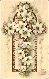 Postal de felicitación de Pascua de 1915 vintage flores blancas oro en relieve Wilkesbarre - Imagen 1 de 2