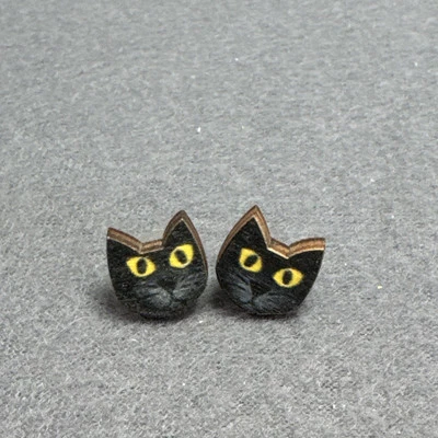 Wood Black Cat Face Yellow Eyes Post Stud Earrings Lightweight Fashion Jewelry - Image 1 of 4