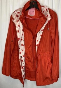 Kate Spade Red Floral Trim Hooded Zip Up Rain Jacket Women’s Size L - Picture 1 of 9