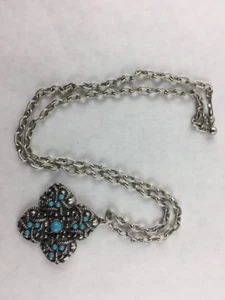 Avon Cable Chain Turquoise Bead Silver Tone Rope Weave 2" Pendant 24" Necklace - Picture 1 of 4
