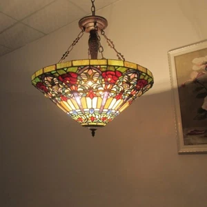 Ceiling Pendant Stained Glass Fixture Tiffany Style 3 Bulb Victorian Entry - Picture 1 of 4