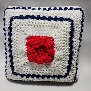Vintage Ripple Rose Crochet Pillow Hand Made 14" White Blue Red - Picture 1 of 5