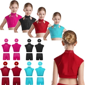 Girls Sets Workout 3Pcs Mock Neck Outfit Cutout Tracksuit Competition Shiny - Picture 1 of 48