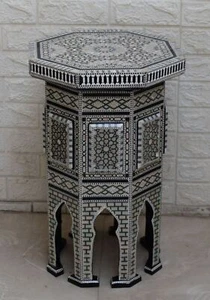 Egyptian Moroccan 23" Height Mother of Pearl Inlay Wood Coffee Side End Table - Picture 1 of 8