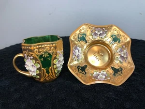 Antique Moser Bohemian Glass Demitasse Cup & Saucer Floral High Relief Gold Gilt - Picture 1 of 17