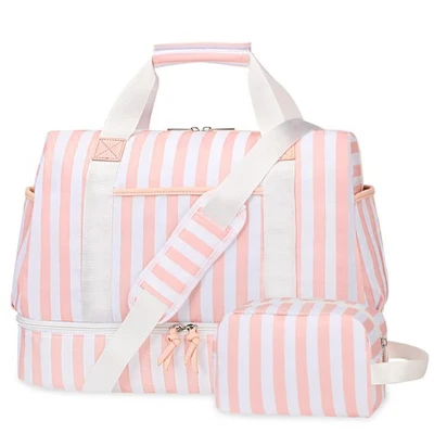 Bolsa de viagem feminina listrada Weekender conjunto com 2 peças | Bolsa tote de viagem com compa... - Imagem 1 de 4