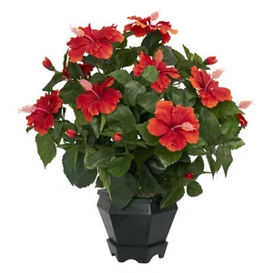 Nearly Natural Artificial Hibiscus W/Black Hexagon Vase Flowering Plant Decor - Picture 1 of 1