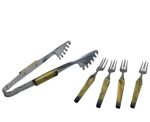 Vtg G.H. Bakelite Stainless Tongs & 4 spaghetti Forks Serving Set Yellow Green - Foto 1 di 9