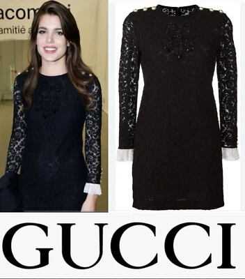 4K New Gucci 2017 Black Valentine Sequin Cluny Lace Mini Dress 38 40 2 4 XS S - Image 1 of 4