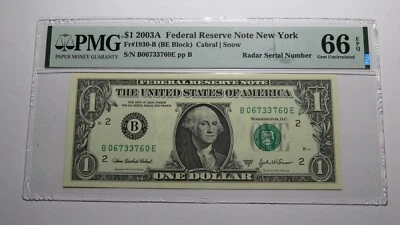 $1 2003 Radar Serial Number Federal Reserve Currency Bank Note Bill PMG UNC66EPQ - Image 1 of 3