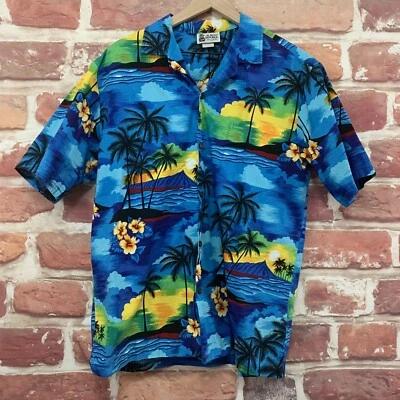 Рубашка для лагеря Aloha Republic мужская большая синяя многоцветная тропическая гавайская пальма - Изображение 1 из 4