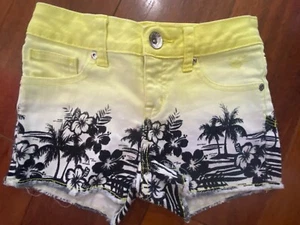 girls JUSTICE DENIM JEAN SHORTS palm tree YELLOW OMBRE black STRETCHY size 10 - Picture 1 of 2