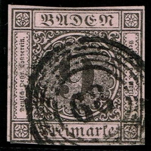 Baden 1851 SG6a 9k schwarz/stumpfe Rose 68 Ziffer Stornieren fein gebraucht Kat. £ 44,00 - Bild 1 von 1