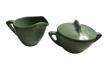 Vintage Melamine Prolon Ware Melmac Creamer Covered Sugar Set USA Green - Image 1 of 4